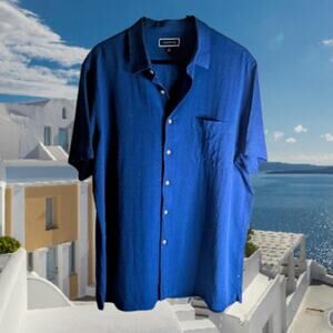 Club Room XLG short sleeve blue button down silk blend men's casual shirt.